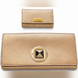 🌟Kate Spade New York Gold Saffiano Leather Clutch Wallet + Key Holder Set